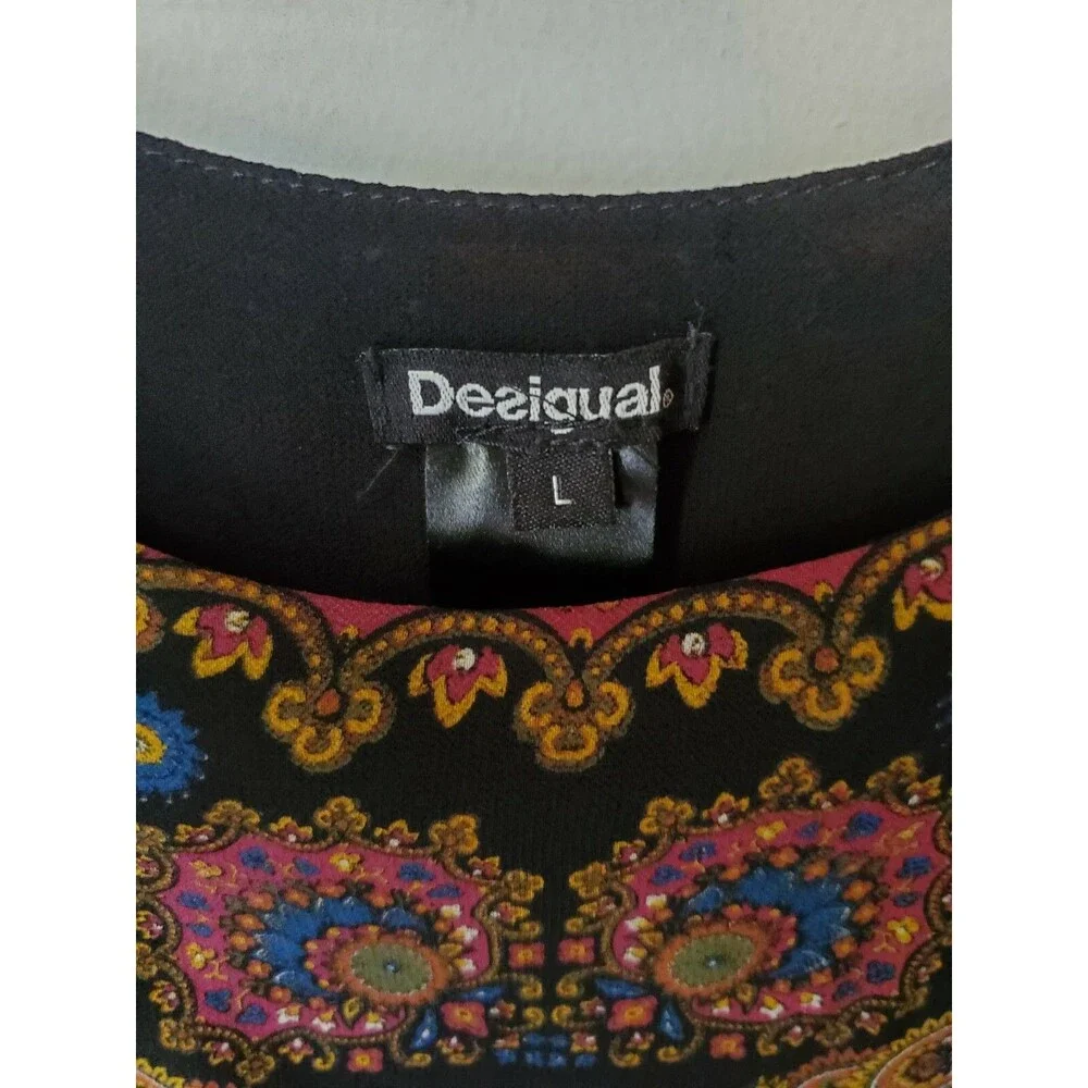 Desigual Womens Sleeveless viscose vented Tunic Top L Black & Gold Print